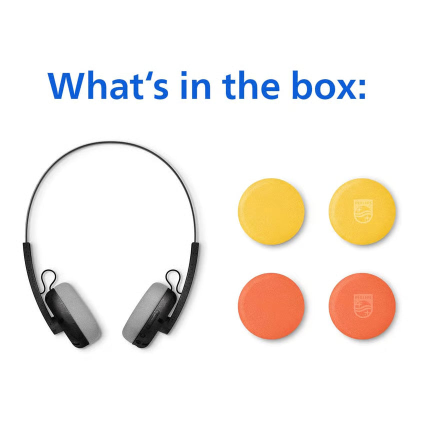 Philips TAH2000 trådløse on-ear-hovedtelefoner, sort hovedbøjle, grå ørepuder, udskiftelige gule og orange puder.