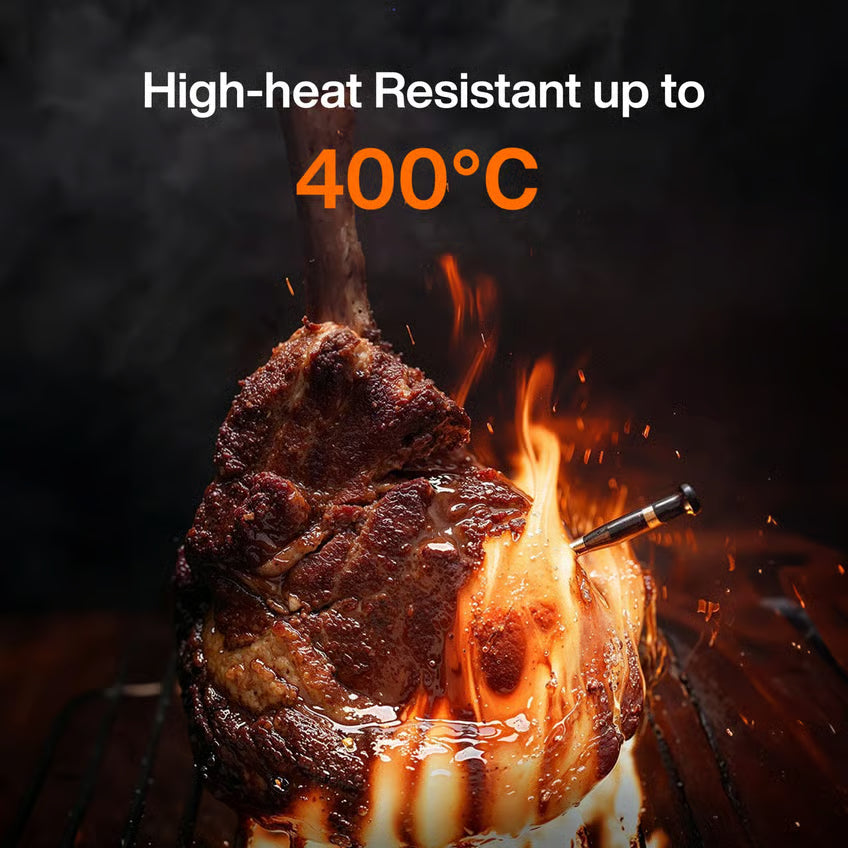 Typhur Sync Dual trådløst grill- og stegetermometer med to sonder til kød, tekst: Tåler høje temperaturer op til 400 °C.