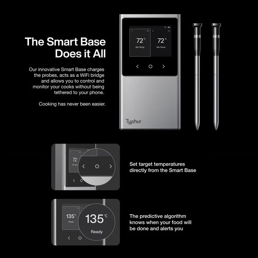 Typhur Sync Dual trådløst grill- og stegetermometer med digitalt display, to metalfølere, temperaturindstillinger, kerneføler.