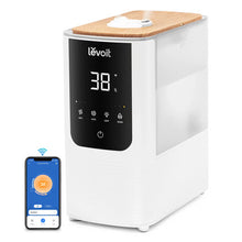 LEVOIT OasisMist 450S Smart luftfugter, hvid med trætop, digitalt display viser 38, smartphone med app viser 38 .