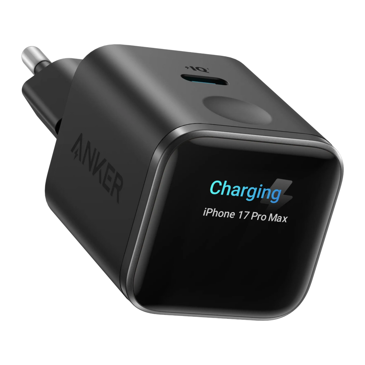 Anker Nano Charger 45W USB-C-oplader, sort med display, én USB-C-port, EU-stik, viser Charging iPhone 17 Pro Max og et blåt ikon.