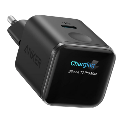 Anker Nano Charger 45W USB-C-oplader, sort med display, én USB-C-port, EU-stik, viser Charging iPhone 17 Pro Max og et blåt ikon.