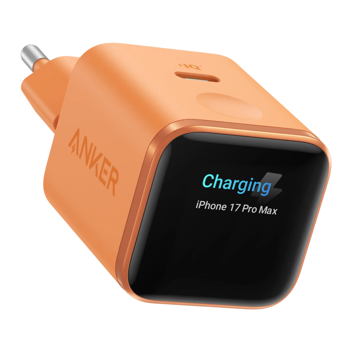 Anker Nano Charger 45 W USB-C-oplader i orange med display, der viser Charging iPhone 17 Pro Max og et opladningssymbol.