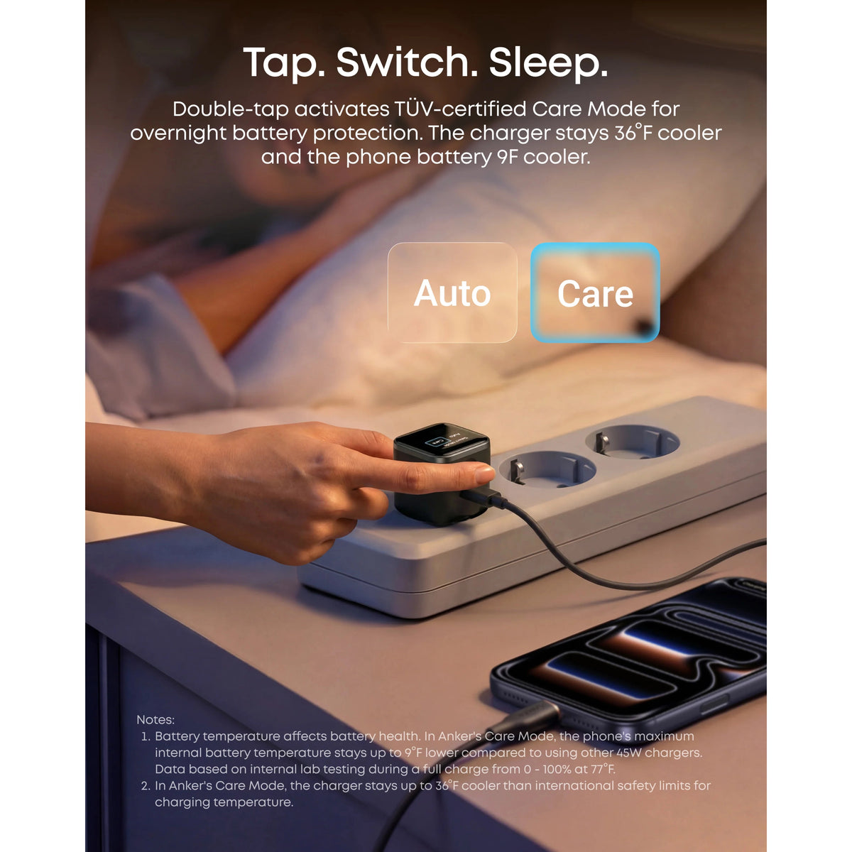 Anker Nano Charger 45 W USB-C-oplader med display, orange, vises sammen med en telefon i Care-tilstand.