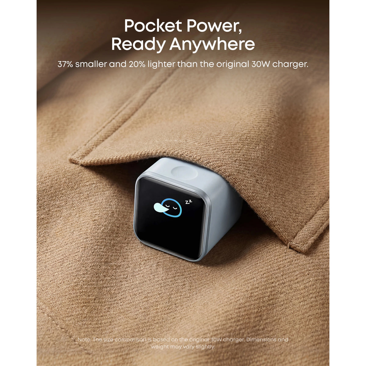 Anker Nano Charger 45W USB-C-oplader i orange med display og ikon af et sovende ansigt, tekst: Pocket Power, Ready Anywhere.