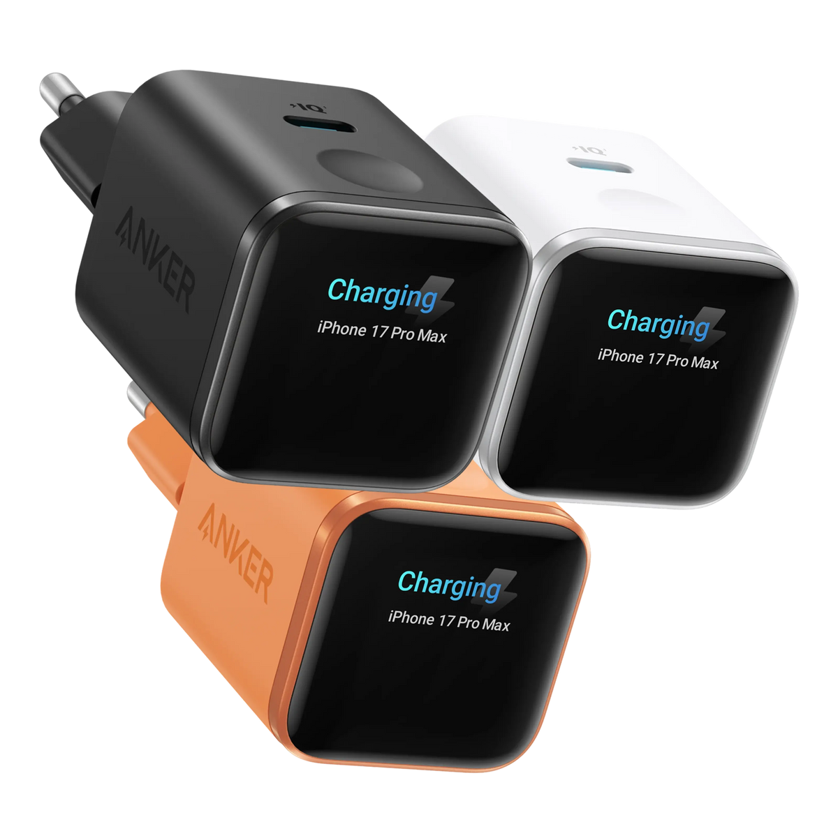 Anker Nano Charger 45 W USB-C-oplader, orange, med display, blåt lynikon, hurtigopladning til iPhone 17 Pro Max, ANKER-logo.