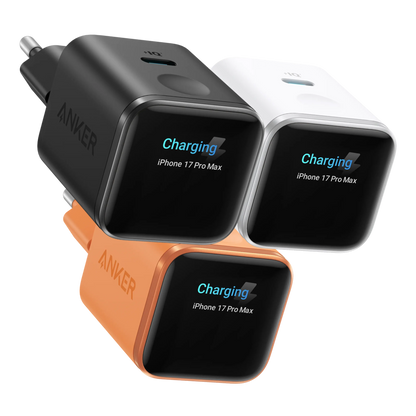 Anker Nano Charger 45 W USB-C-oplader, orange, med display, blåt lynikon, hurtigopladning til iPhone 17 Pro Max, ANKER-logo.