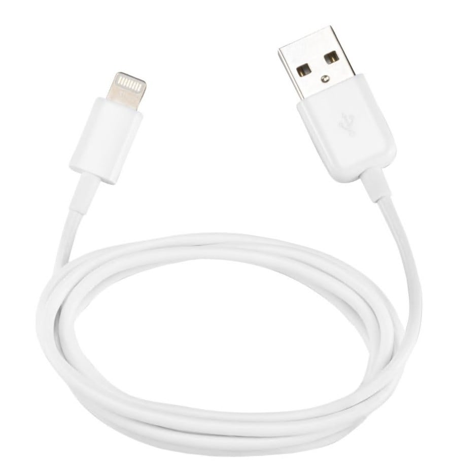 MFi-certificeret USB-A til Lightning-kabel 1m hvid, viser både USB-A og Lightning-stik, oprullet.