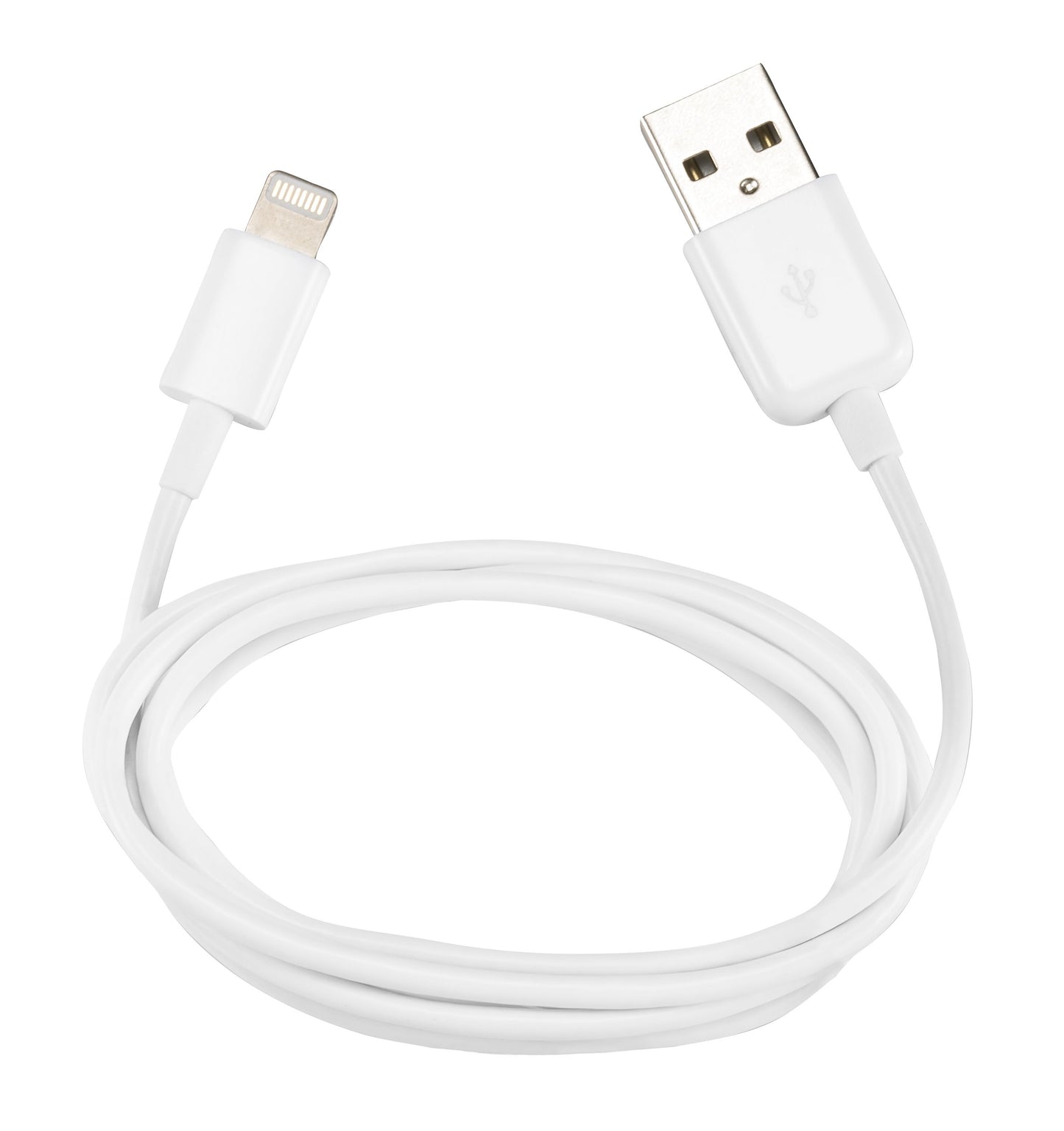 USB-A til Lightning-kabel MFi hvid 3 m spiralformet med USB-A og Lightning-stik i hver ende.