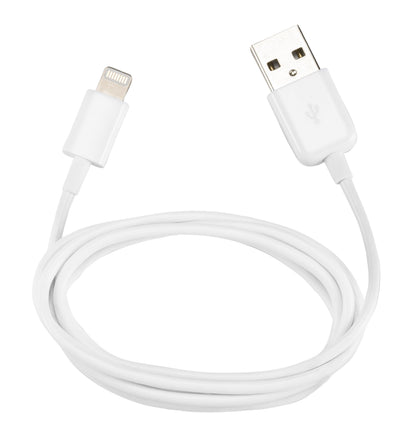USB-A til Lightning-kabel MFi hvid 3 m spiralformet med USB-A og Lightning-stik i hver ende.