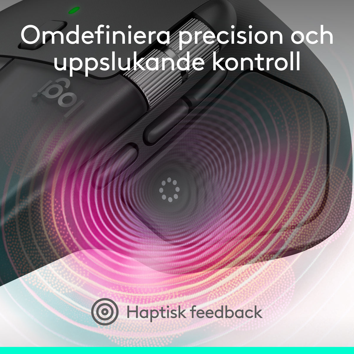Logitech MX Master 4 trådløs ergonomisk mus i farven Graphite, nærbillede af tommelfingerstøtten med svensk tekst.