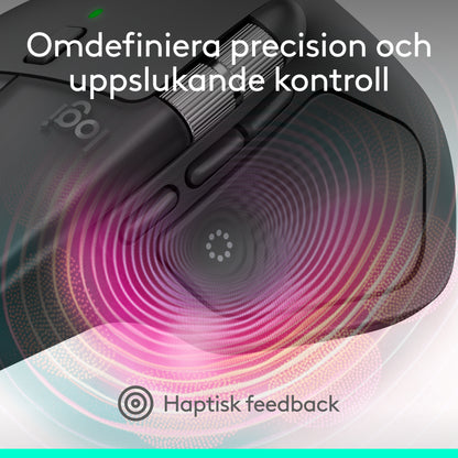Logitech MX Master 4 trådløs ergonomisk mus i farven Graphite, nærbillede af tommelfingerstøtten med svensk tekst.