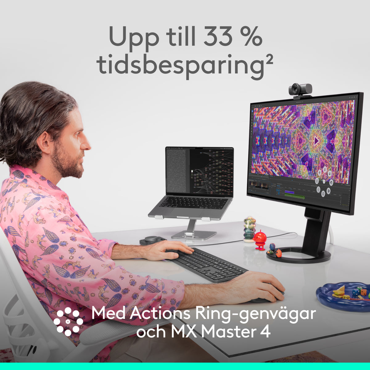 Logitech MX Master 4 – trådløs ergonomisk mus i grafitfarve med haptisk feedback til tastatur, bærbar computer og skærm.