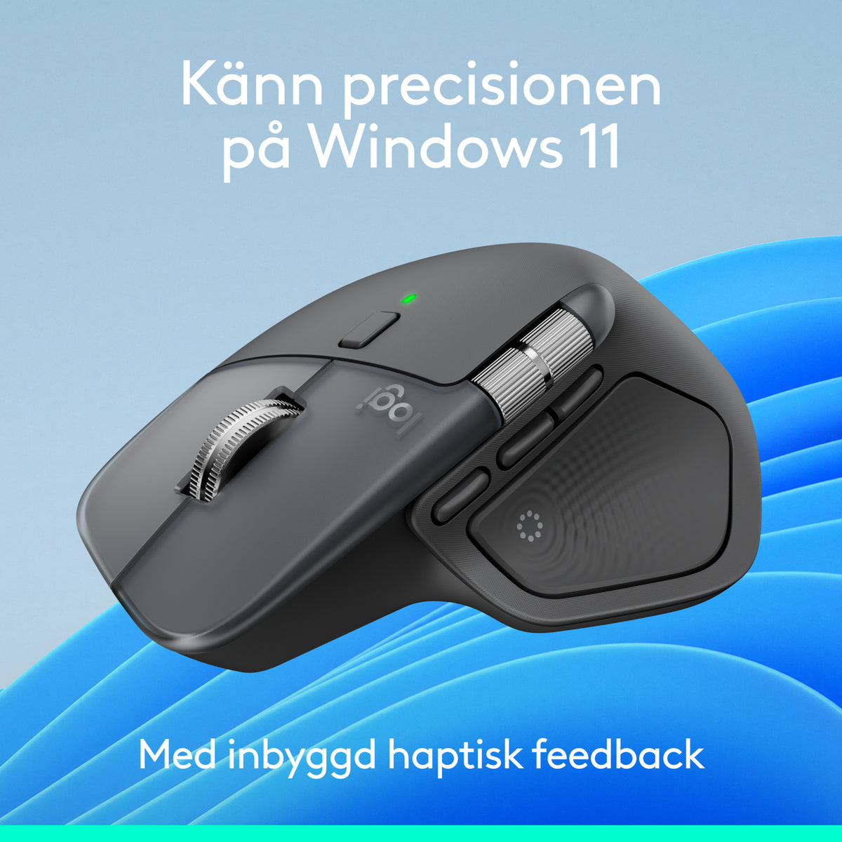 Logitech MX Master 4 – trådløs ergonomisk mus i grafitfarve med to rullehjul, sideknapper og teksten Oplev præcisionen på Windows 11.