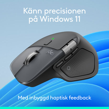 Logitech MX Master 4 – trådløs ergonomisk mus i grafitfarve med to rullehjul, sideknapper og teksten Oplev præcisionen på Windows 11.