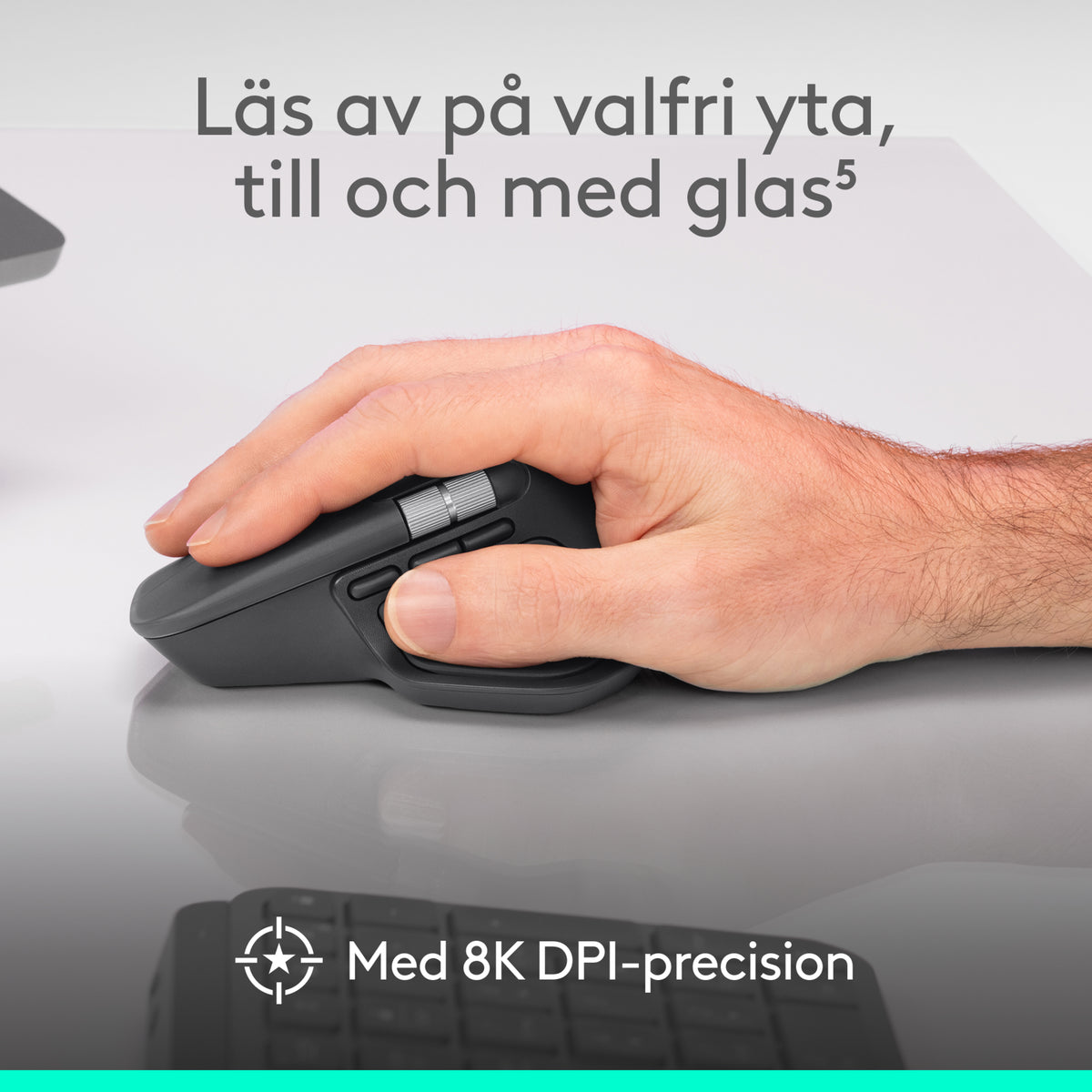 Logitech MX Master 4 mørkegrå trådløs ergonomisk mus med haptisk feedback, 8K DPI og sporing på glas.