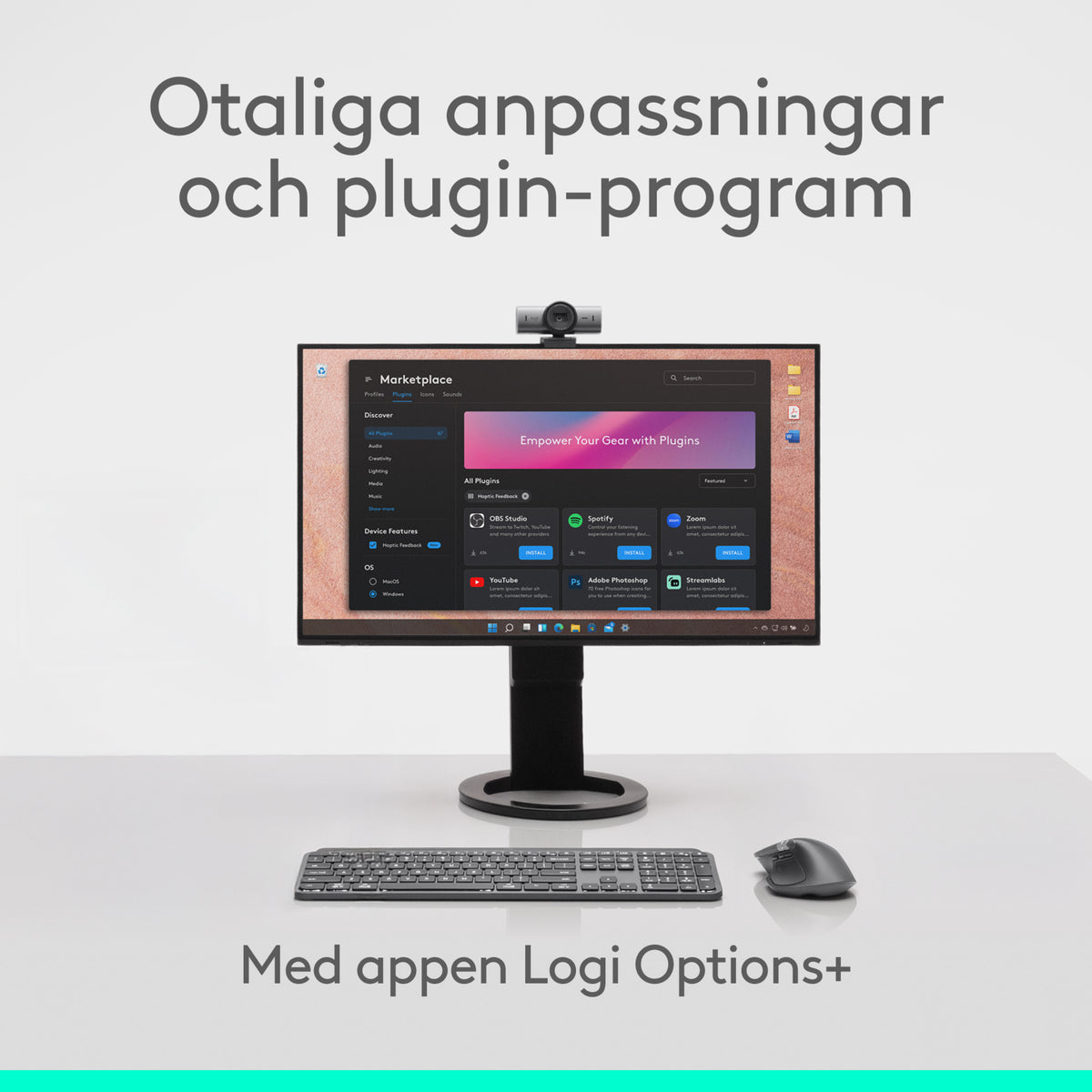 Logitech MX Master 4 trådløs ergonomisk mus i grafitfarve og computerskærm med Software Marketplace-appen.