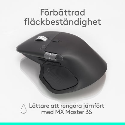 Logitech MX Master 4 – trådløs ergonomisk mus i mørkegrå med haptisk feedback, sidescroll og to sideknapper.