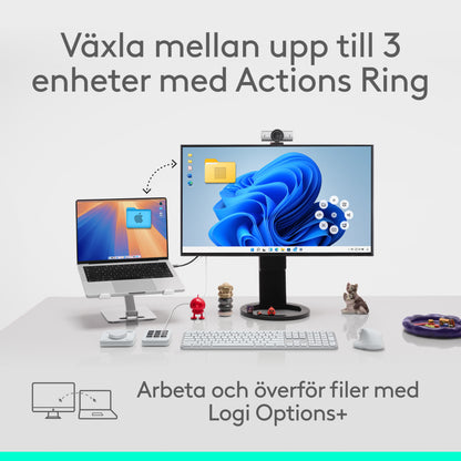 Logitech MX Master 4 trådløs ergonomisk mus i farven Graphite, tilsluttet bærbar computer og skærm med menudisplay.
