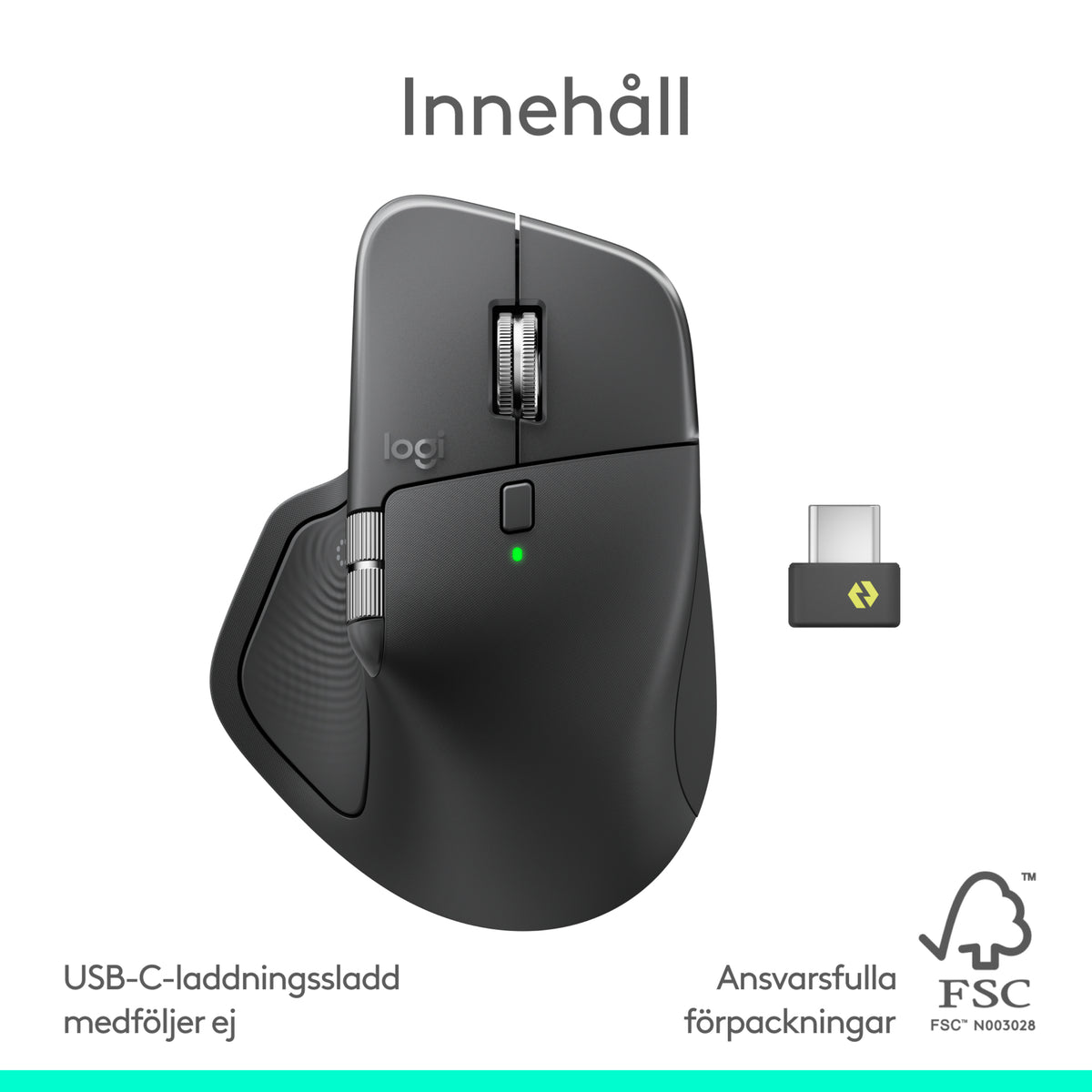 Logitech MX Master 4 trådløs ergonomisk mus i grafitfarve med haptisk feedback, rullehjul, tommelfingerhjul og USB-C-modtager.