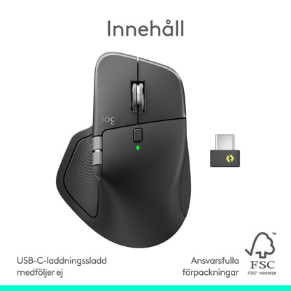 Logitech MX Master 4 trådløs ergonomisk mus i grafitfarve med haptisk feedback, rullehjul, tommelfingerhjul og USB-C-modtager.