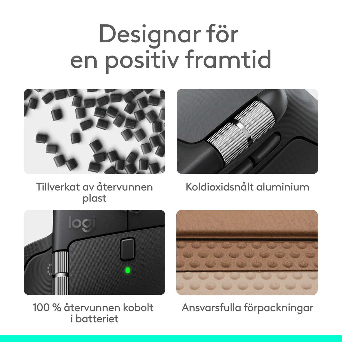 Logitech MX Master 4 – trådløs ergonomisk mus i Graphite, nærbillede af aluminiumshjulet, statuslampe og genanvendte materialer.