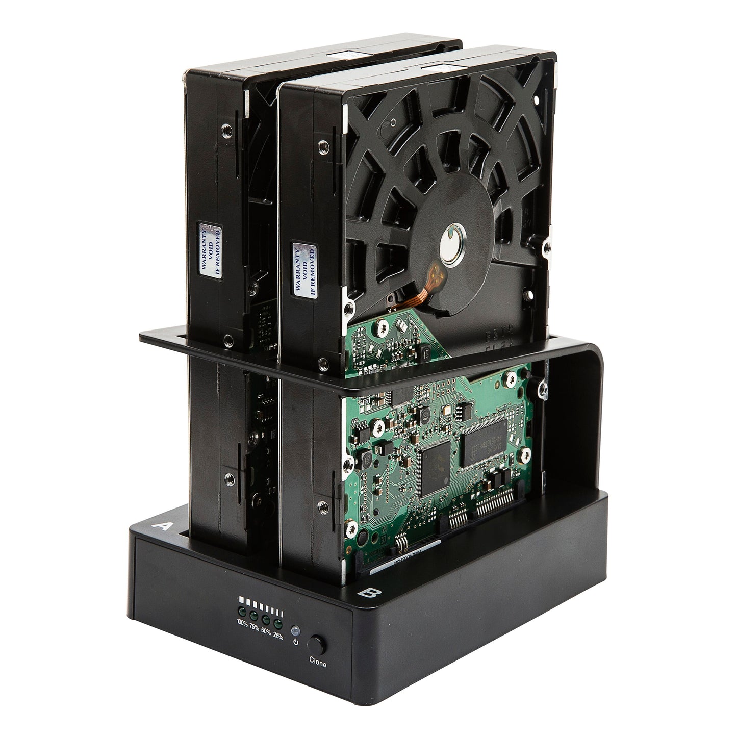 To interne SATA HDD/SSDer isat i Plexgear USB 5 Gb/s dockingstation med diskkloning, mærket A og B, synlige indikatorlys.