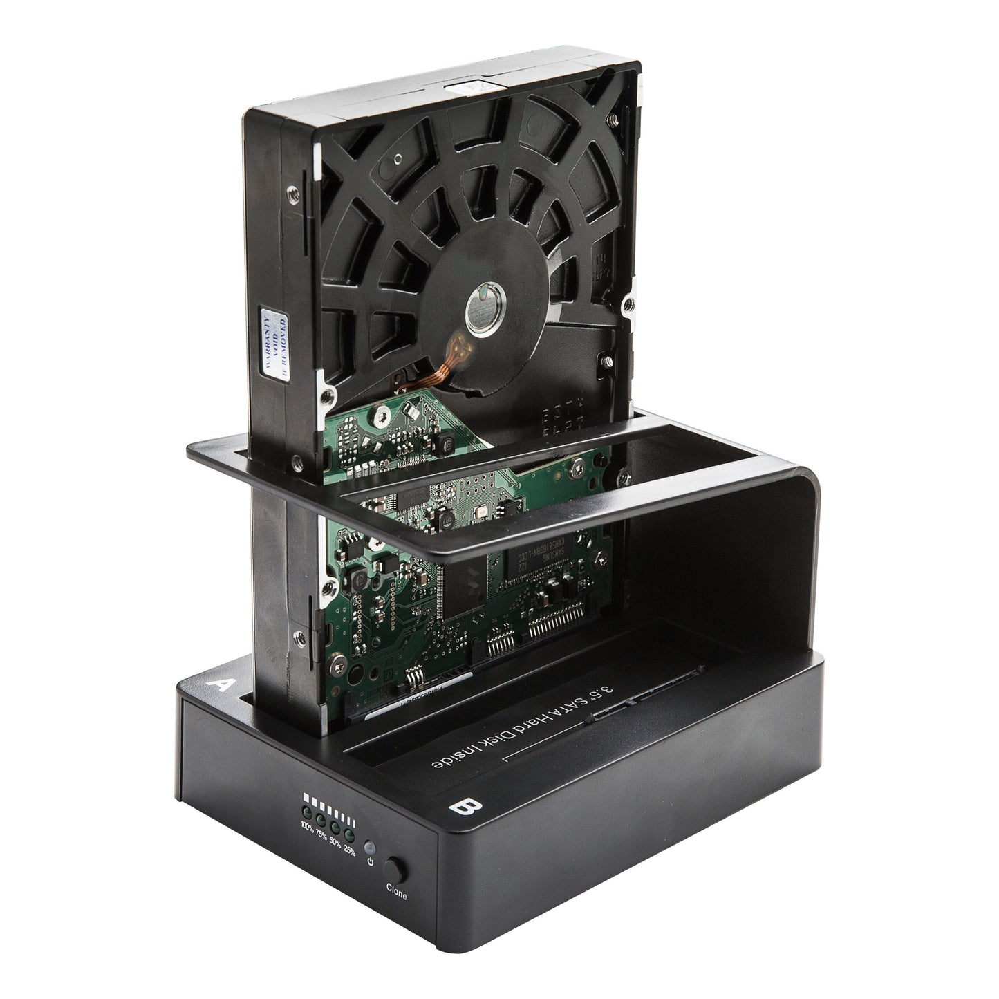 SATA HDD/SSD i USB 5 Gb/s dockingstation med diskkloning, synlige interne dele, lodret placeret.