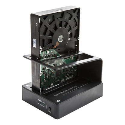 SATA HDD/SSD i USB 5 Gb/s dockingstation med diskkloning, synlige interne dele, lodret placeret.