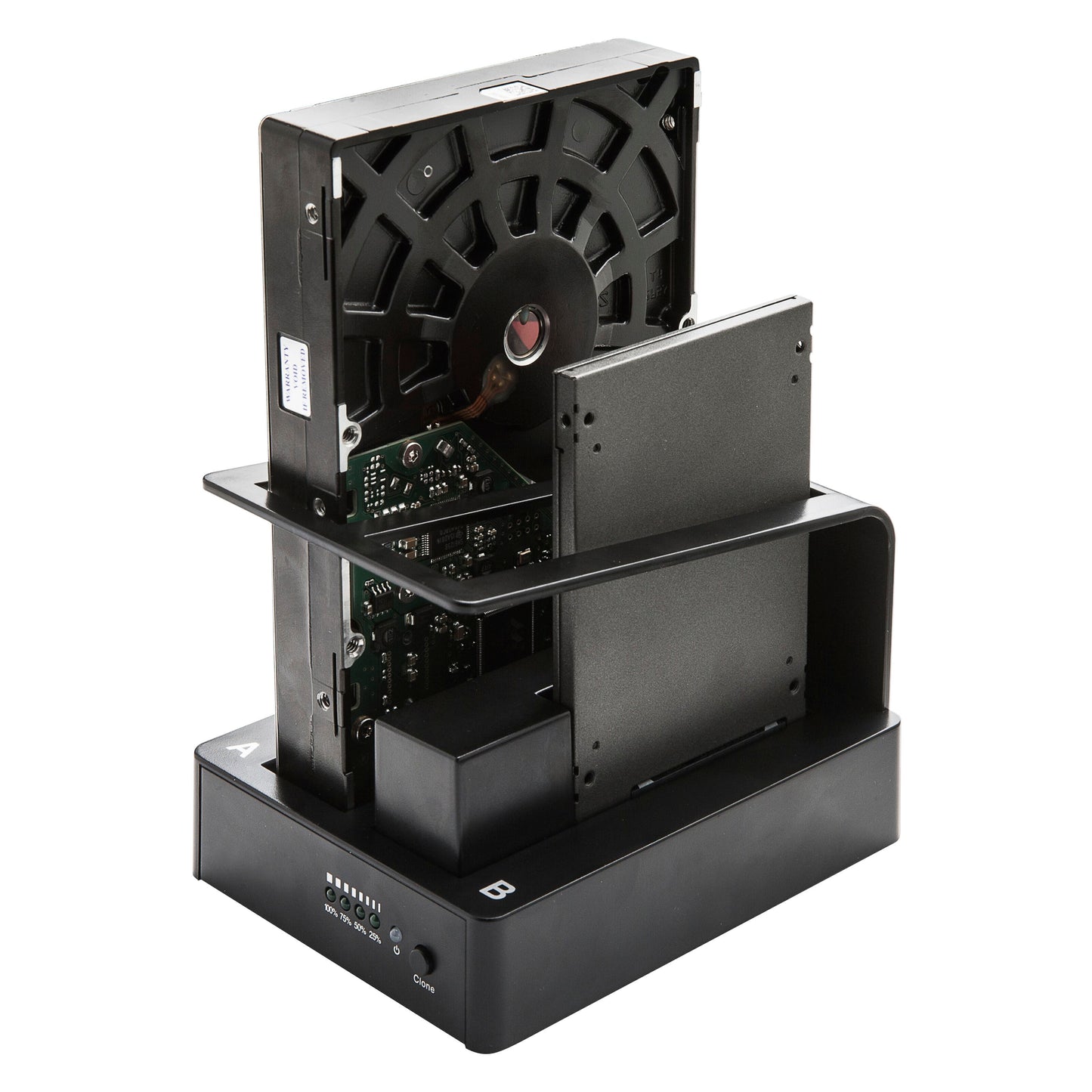 Sort dual-bay USB 5 Gb/s dockingstation til 2,5"/3,5" SATA HDD/SSD med diskkloning og lodret isætning.