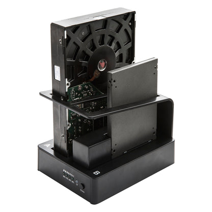 Sort dual-bay USB 5 Gb/s dockingstation til 2,5"/3,5" SATA HDD/SSD med diskkloning og lodret isætning.
