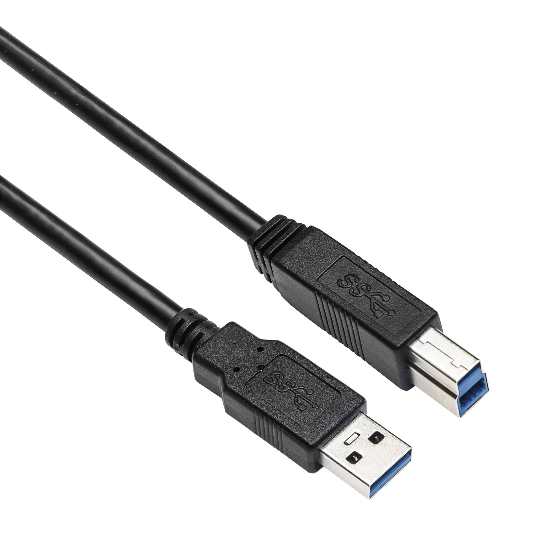 Sort USB 3.0 Type-A til Type-B kabel med SS SuperSpeed-logo, velegnet til dockingstation med diskkloning, 5 Gb/s.