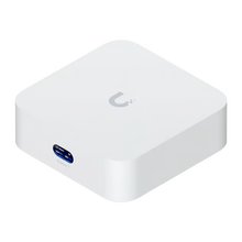 Ubiquiti UniFi Express kompakt gateway med Wi-Fi 7, hvid, med frontdisplay og logo på toppen.