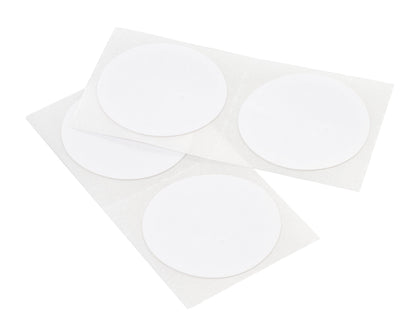 Linocell Selvklæbende RFID/NFC-mærkat, 4-pak, til ark med hver to runde hvide NFC-klistermærker.