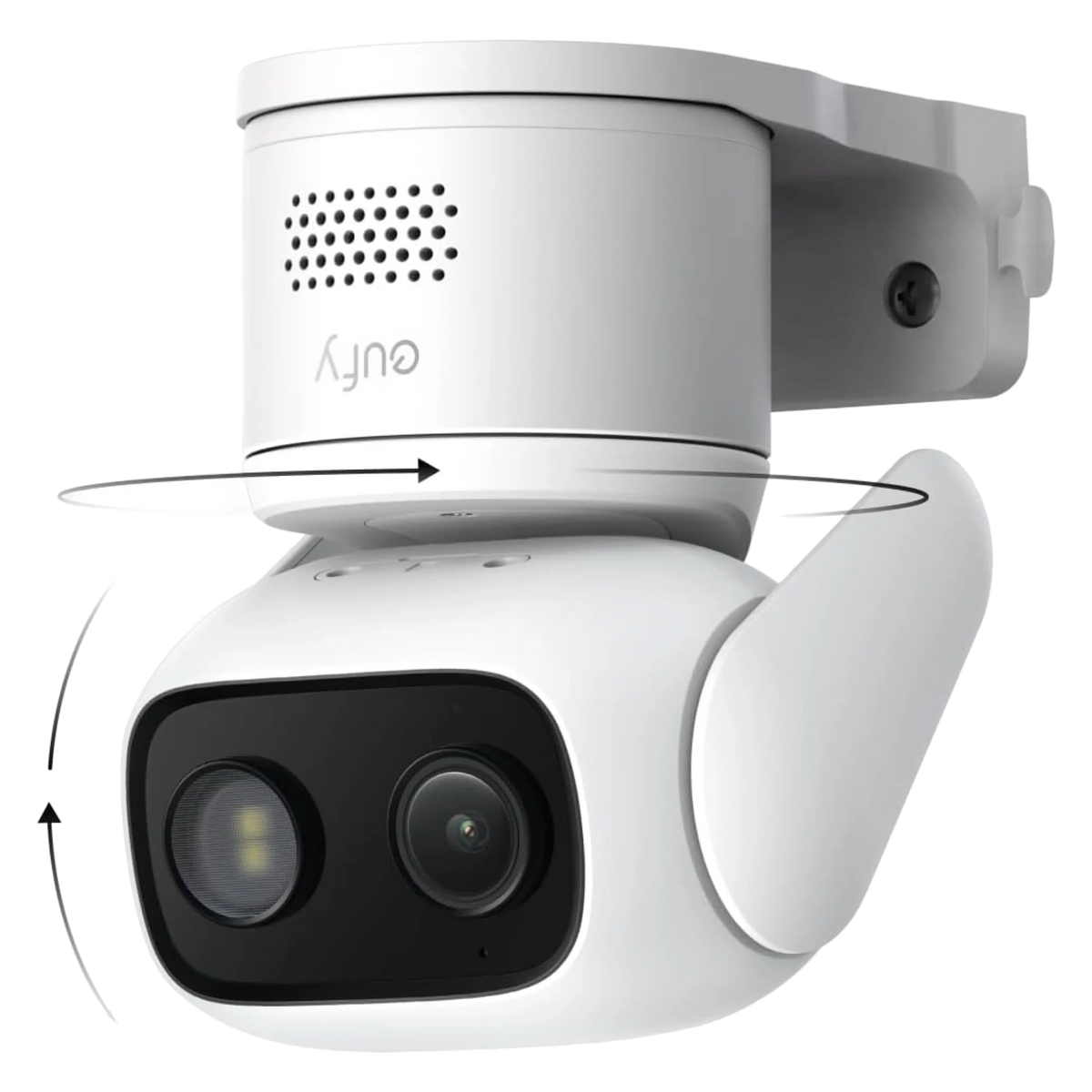 EUFY C31 overvågningskamera, hvid, med 360° panorering og AI-sporing, monteret på beslag.