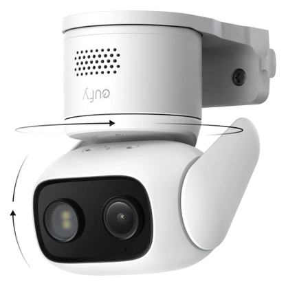 EUFY C31 overvågningskamera, hvid, med 360° panorering og AI-sporing, monteret på beslag.