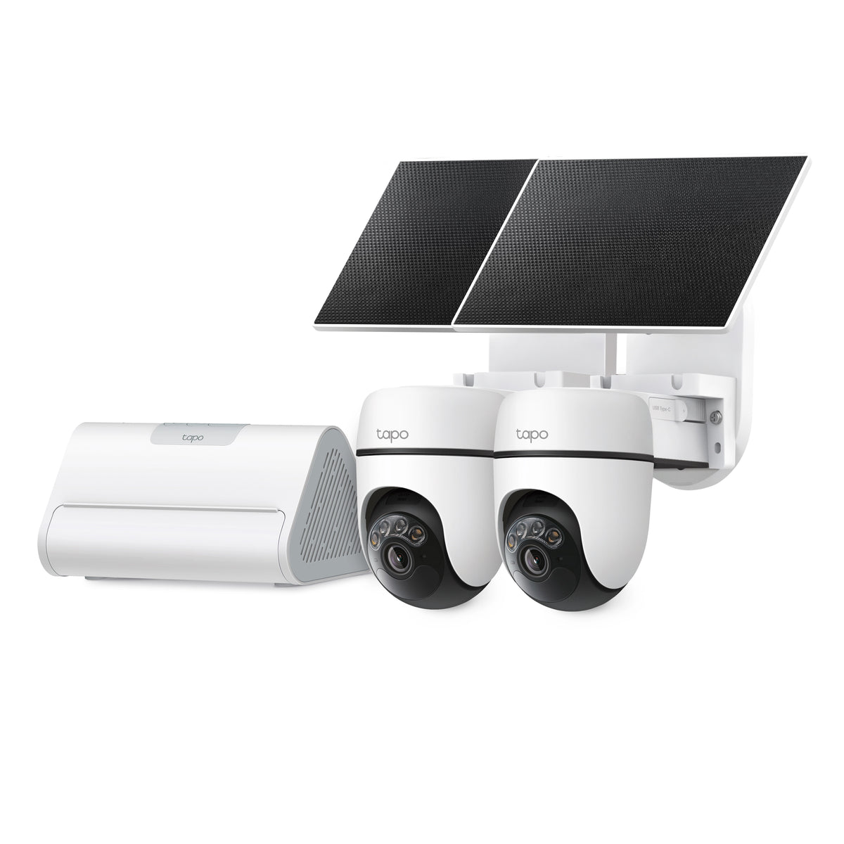 TP-Link Tapo C425-kamerasæt med 2 kameraer, 2 solcellepaneler og H500-hub.