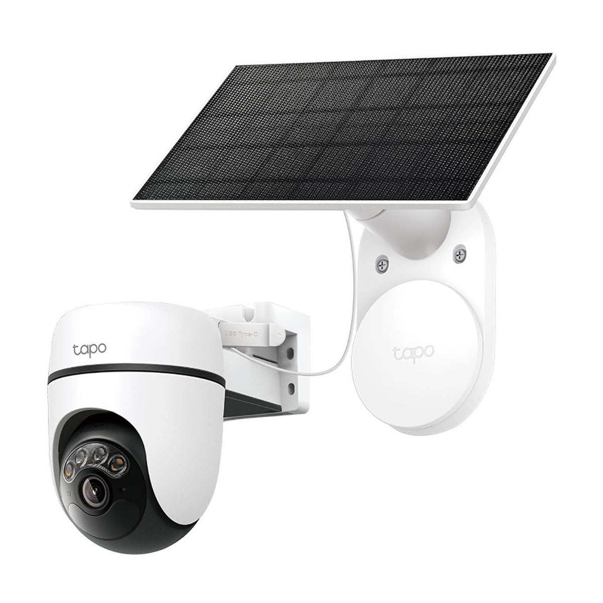 Hvidt TP-Link Tapo HB112 pan-tilt-overvågningskamera, der er forbundet med et kabel til et monteret solcellepanel til udendørs brug.
