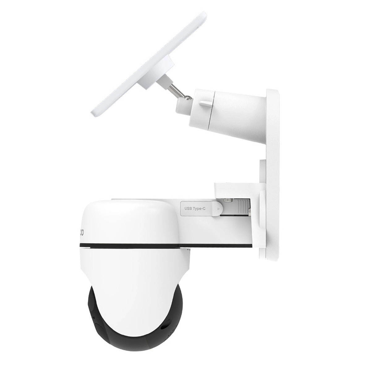 TP-Link Tapo HB112 pan-tilt-overvågningskamera med solcellepanel på vægbeslag og synlig USB-C-port.