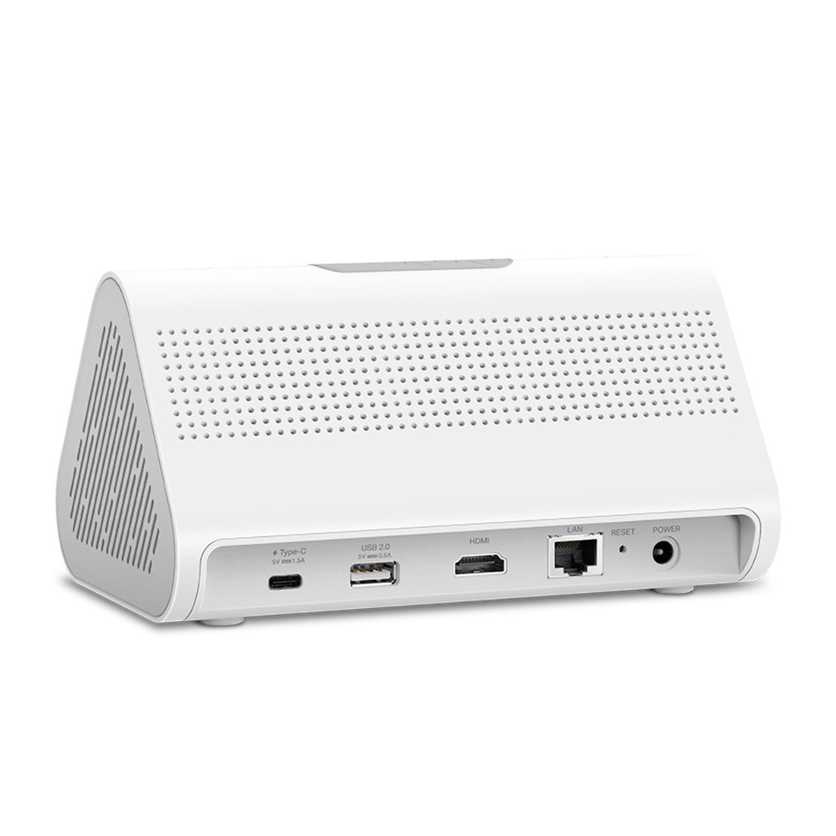 Hvid, trekantet TP-Link Tapo H500-hub med perforeret top, USB-C, USB-A, HDMI, LAN, reset-knap og strømstik.