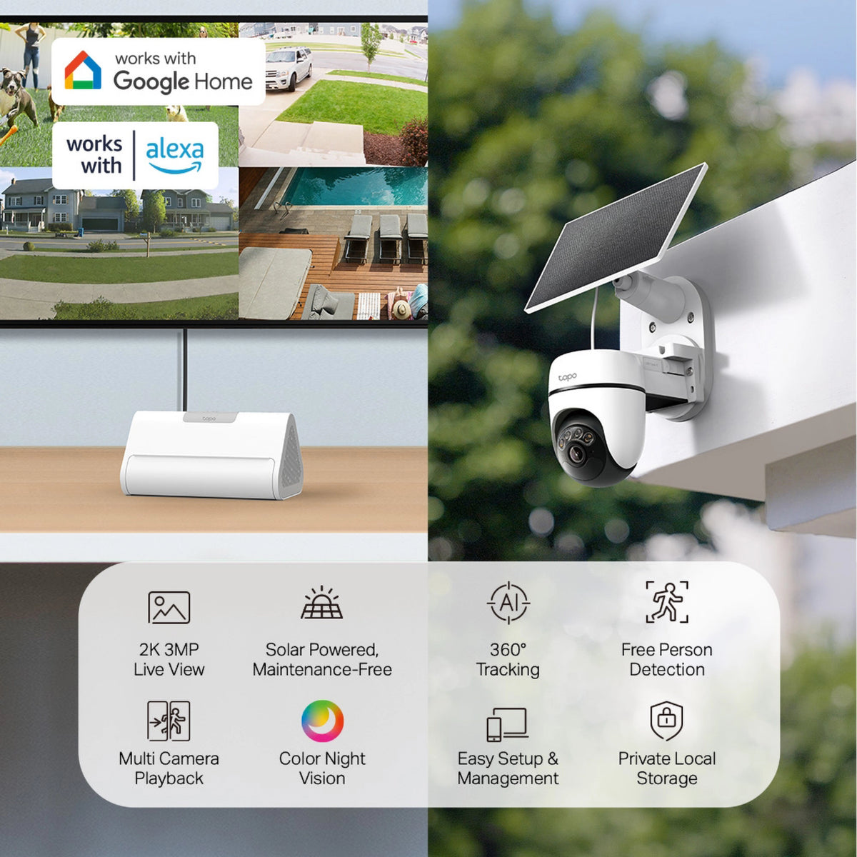 TP-Link Tapo HB112-kamerasæt med to solcellekameraer og H500-hub, 2K-opløsning, solenergi, 360-graders sporing og personregistrering.