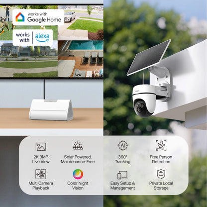 TP-Link Tapo HB112-kamerasæt med to solcellekameraer og H500-hub, 2K-opløsning, solenergi, 360-graders sporing og personregistrering.