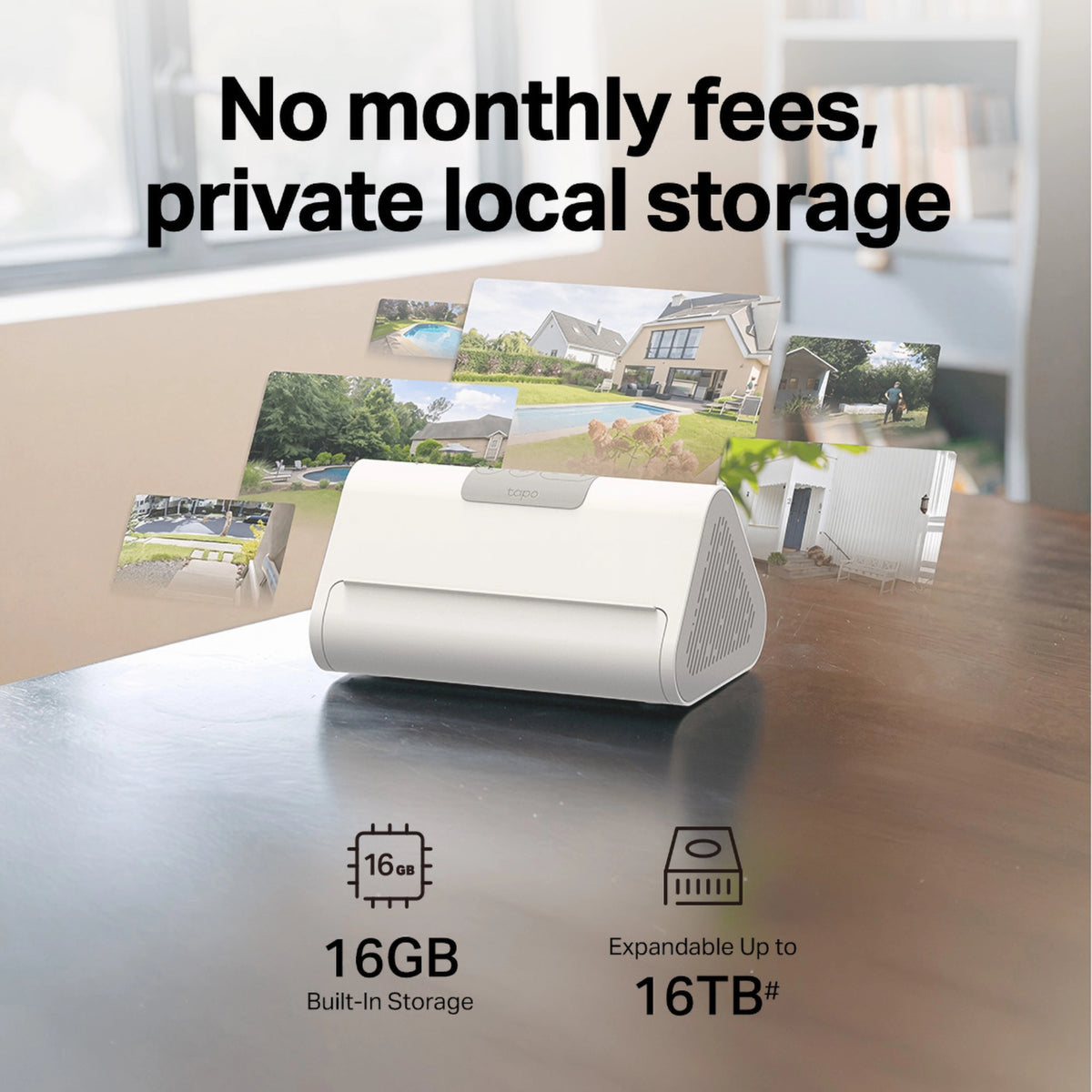 TP-Link Tapo HB112 smart home-hub med 16 GB intern lagerplads og understøttelse af op til 16 TB trådløs overvågning.