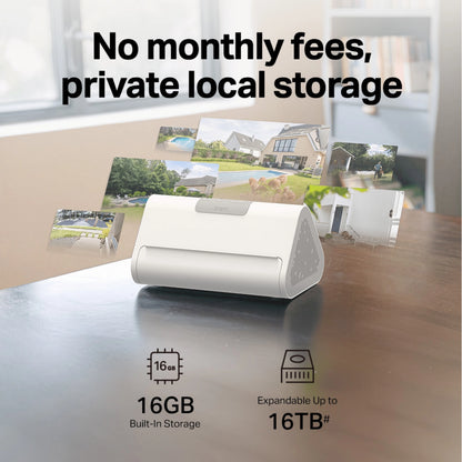 TP-Link Tapo HB112 smart home-hub med 16 GB intern lagerplads og understøttelse af op til 16 TB trådløs overvågning.