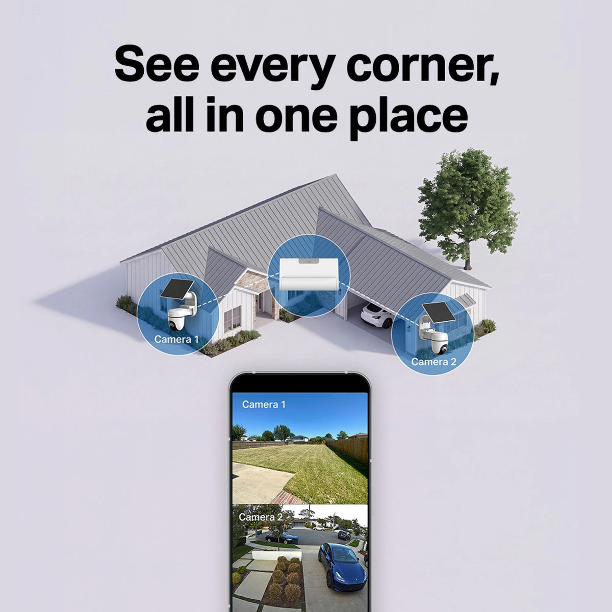 TP-Link Tapo HB112-kamerasæt med to solcellekameraer og en H500-hub monteret udendørs, hvor man via en smartphone kan se livebilleder.