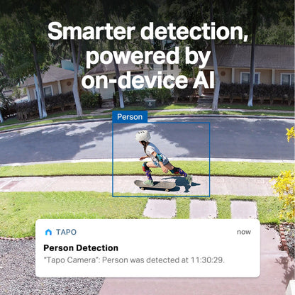 TP-Link Tapo HB112-kamerasæt med to 2K pan/tilt-solcellekameraer og H500-hub, personregistrering og mobilbeskeder.