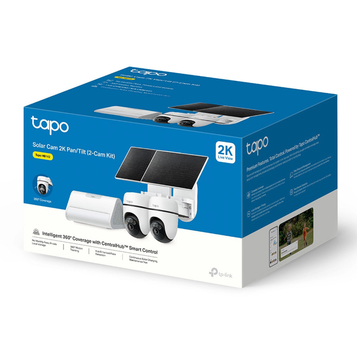 TP-Link Tapo HB112-kamerasæt med to 2K pan/tilt-solcellekameraer, to solcellepaneler og en H500-hub til udendørs overvågning.