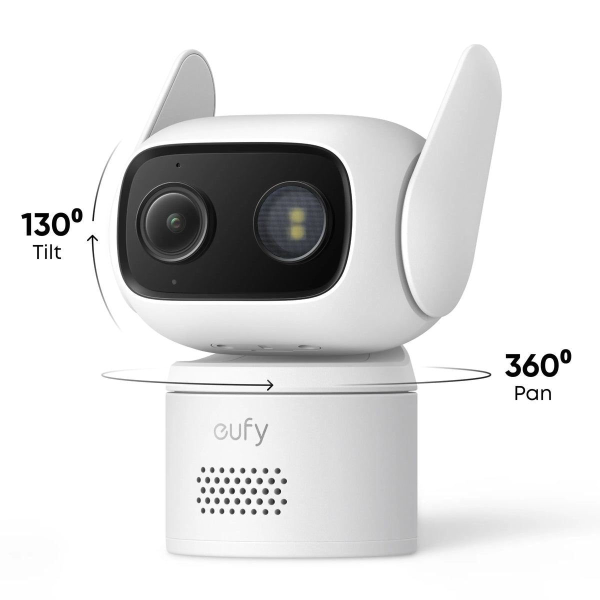 EUFY C31 overvågningskamera, hvid, med 360° panorering, katteøre-design, AI-sporing, 130° tilt, fuld panorama.