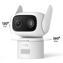 EUFY C31 overvågningskamera, hvid, med 360° panorering, katteøre-design, AI-sporing, 130° tilt, fuld panorama.