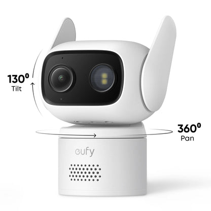 EUFY C31 overvågningskamera, hvid, med 360° panorering, katteøre-design, AI-sporing, 130° tilt, fuld panorama.